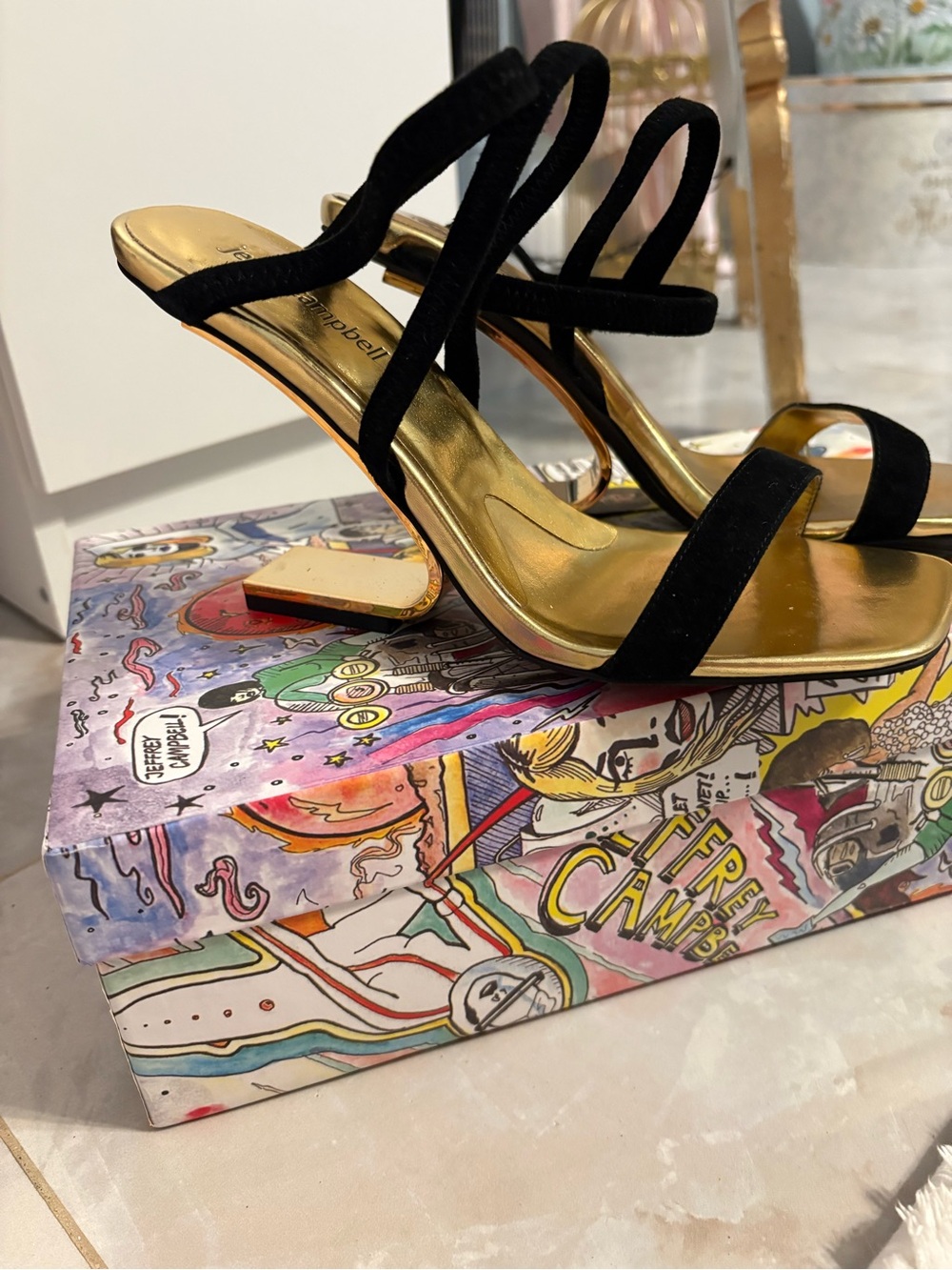 Jeffrey Campbell Black Suede Strappy Gold Metallic Sandal Heels - Picture 5 of 5
